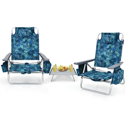 2-Pack Folding Backpack Beach Chair 5-Position Outdoor Reclining Chairs with Pillow