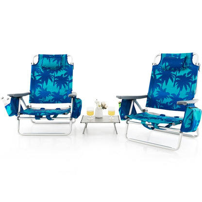 2-Pack Folding Backpack Beach Chair 5-Position Outdoor Reclining Chairs with Pillow