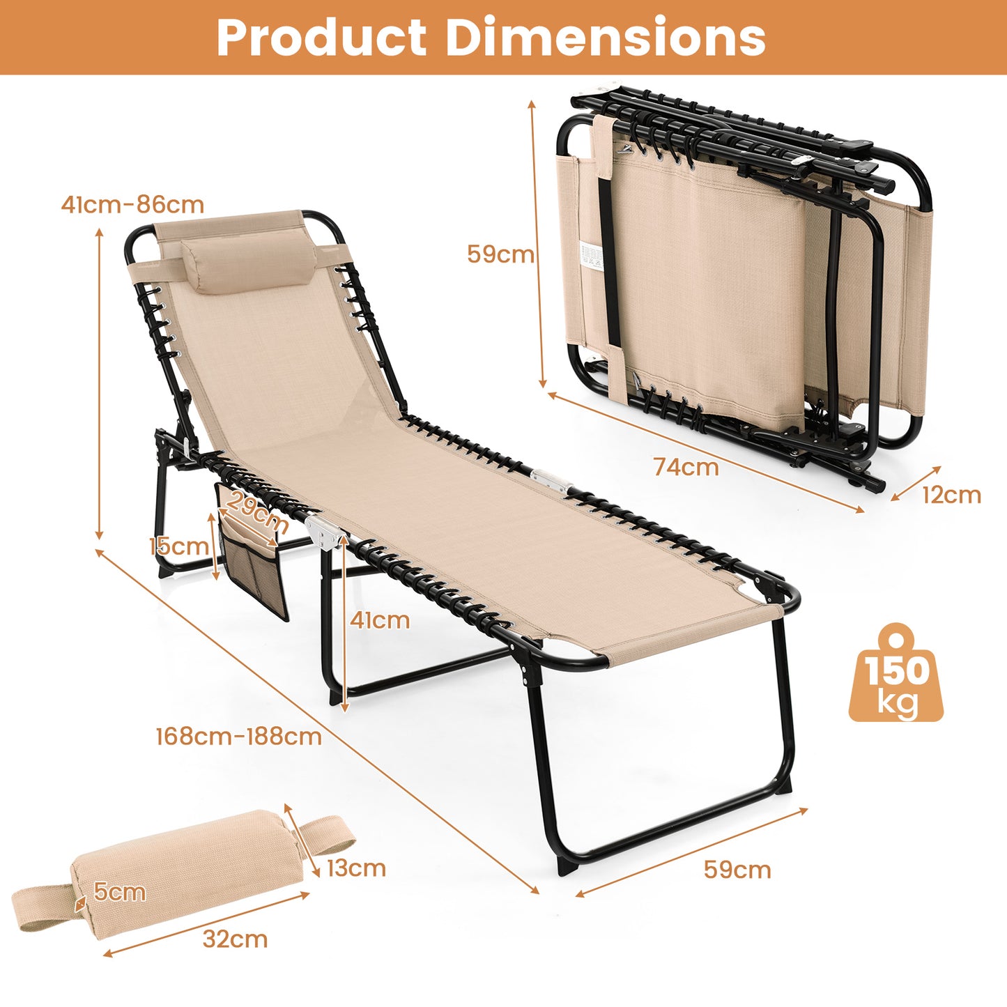 Patio Folding Chaise Lounge Oversized Portable Lay Flat Reclining Chair