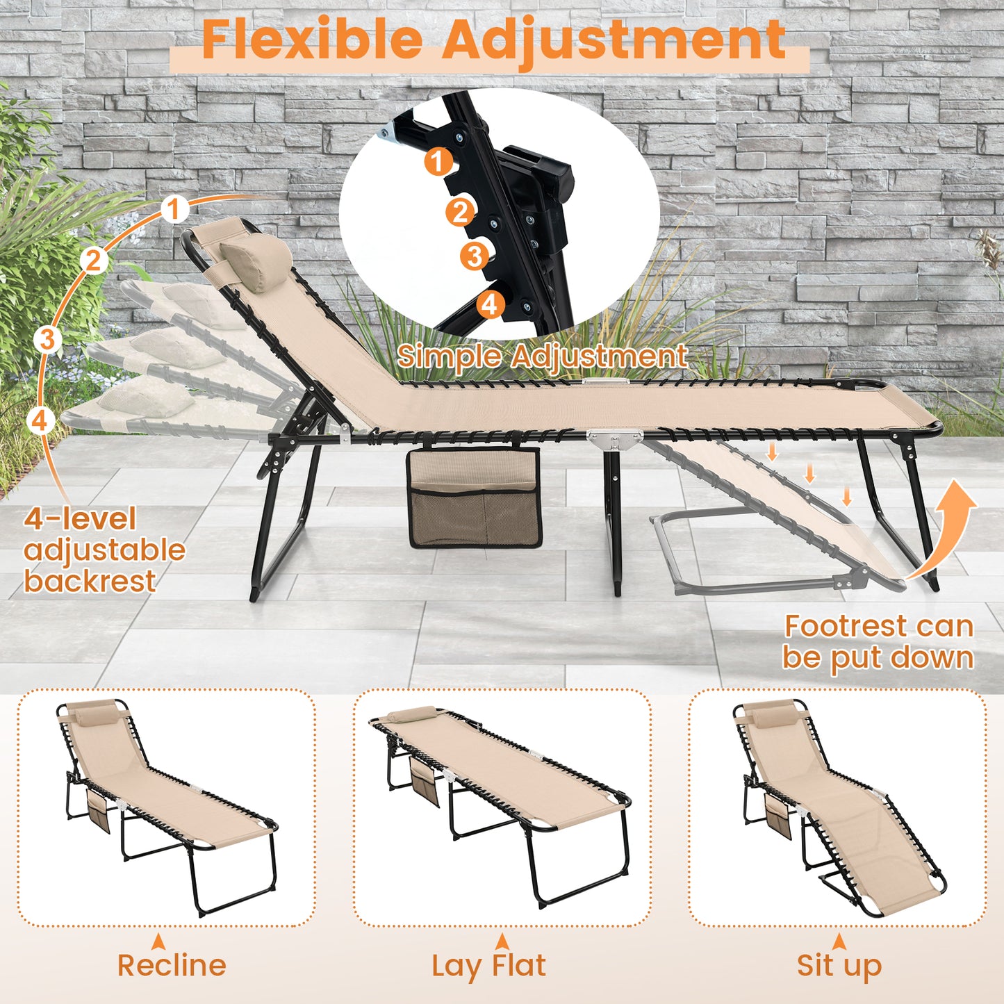 Patio Folding Chaise Lounge Oversized Portable Lay Flat Reclining Chair