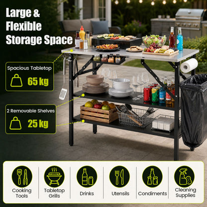Foldable Outdoor Cook Station with 2 Removable Shelves