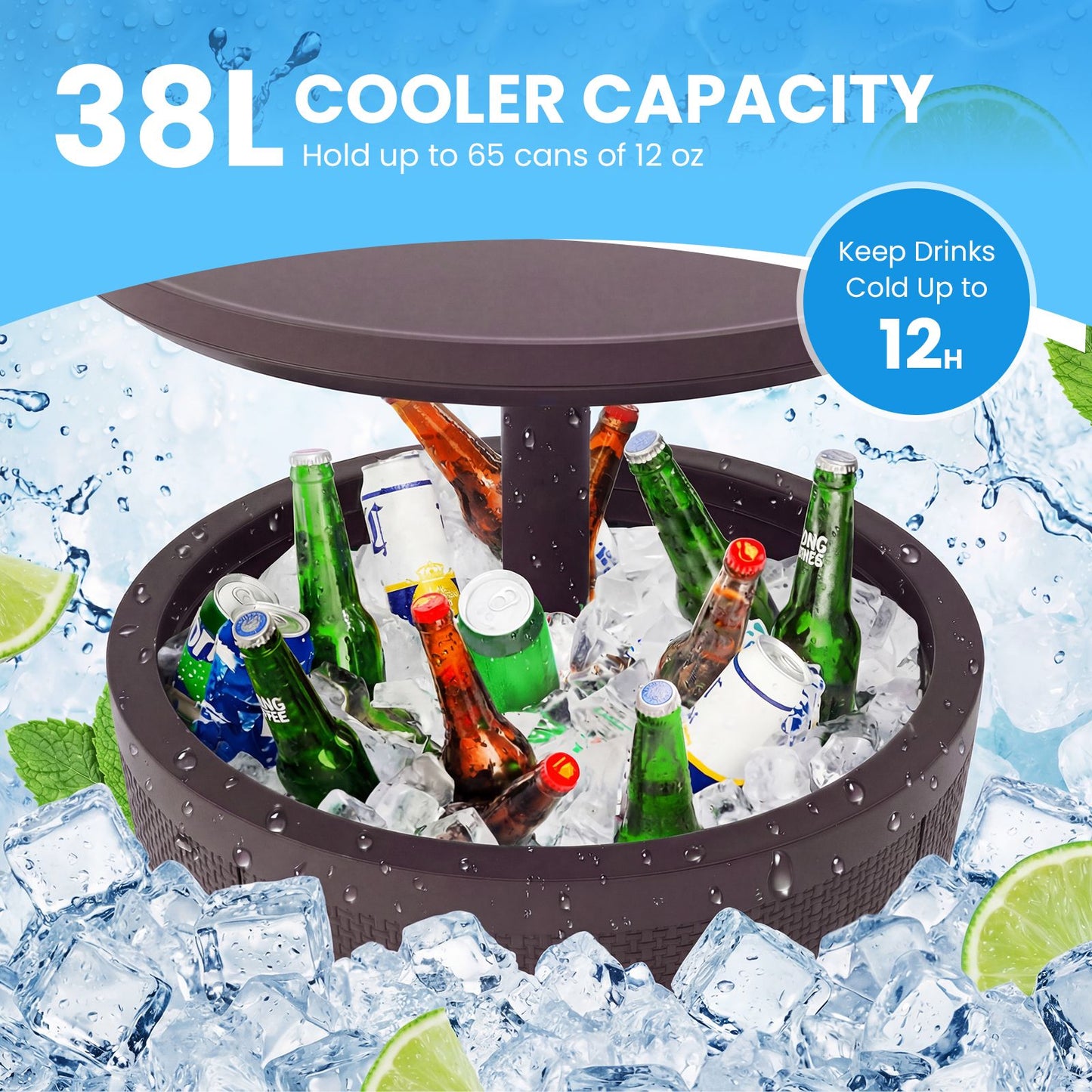 Outdoor Cool Cocktail Bar Table with Lift-Top and Drainage Plug