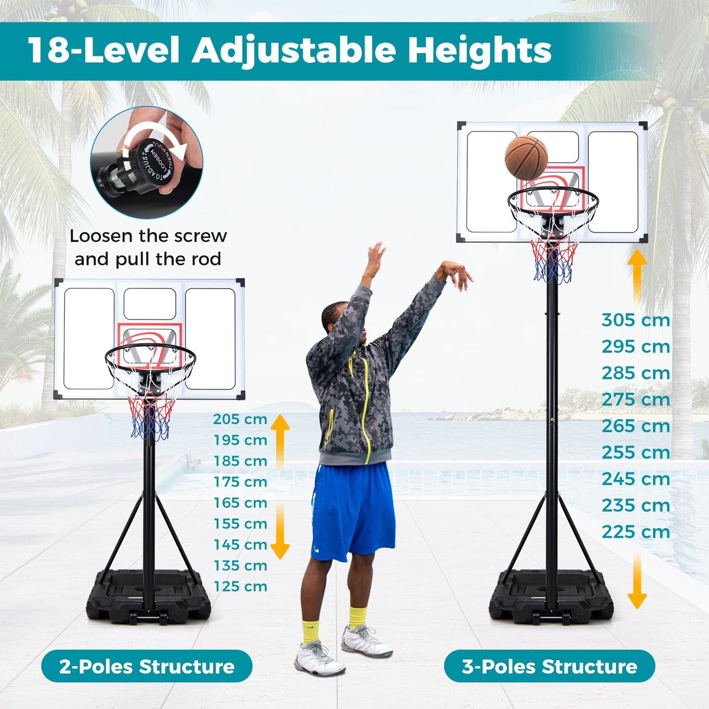 Adjustable Basketball Goal System with Wheels and Ball Storage for Kids