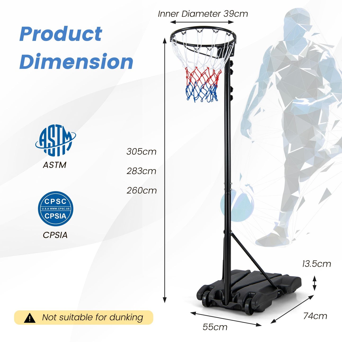 Basketball Hoop Stand with Fillable Base No Backboard for Outdoor Play