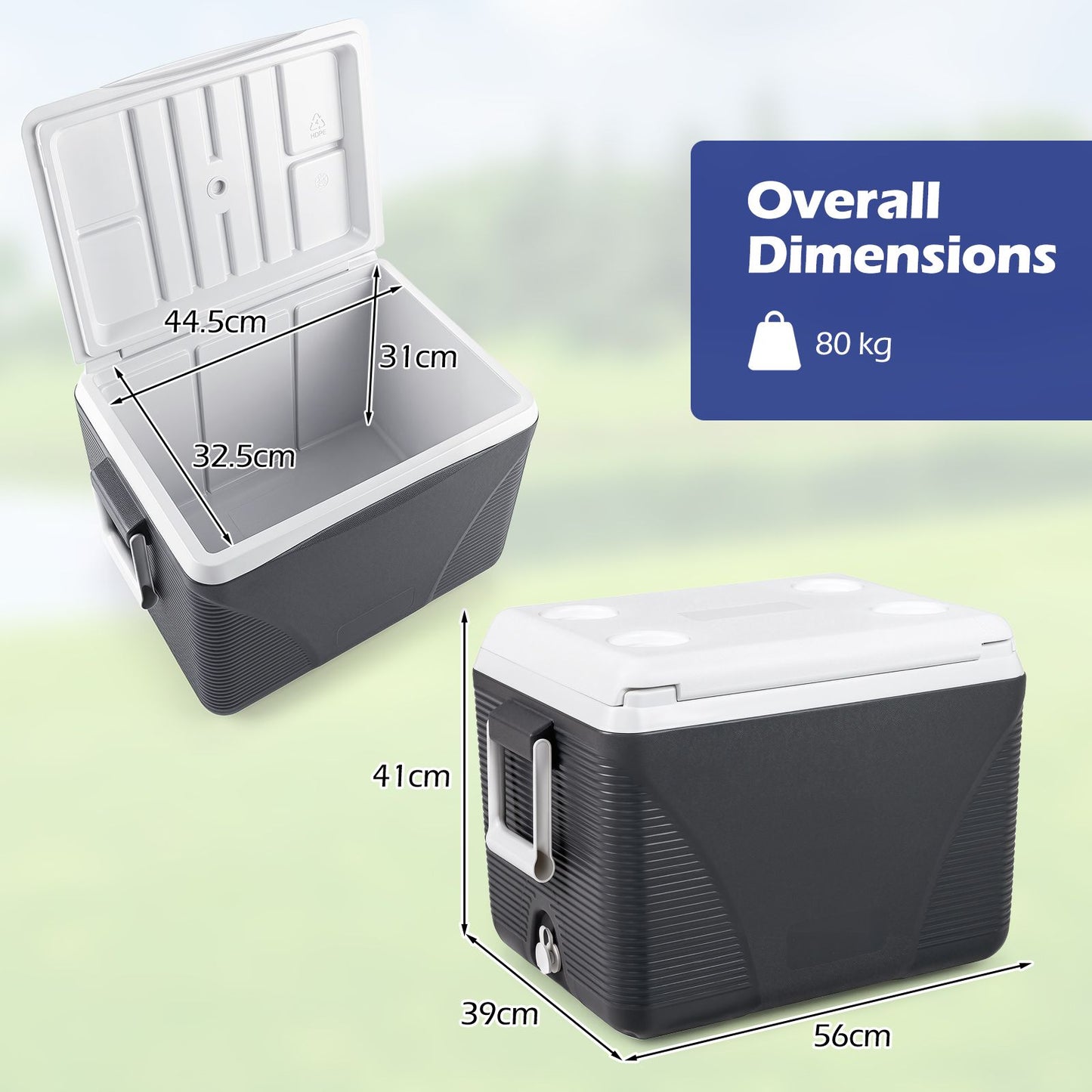 41L Hard Cooler for Picnic Travel with Cup Holders Keeps Ice for Days