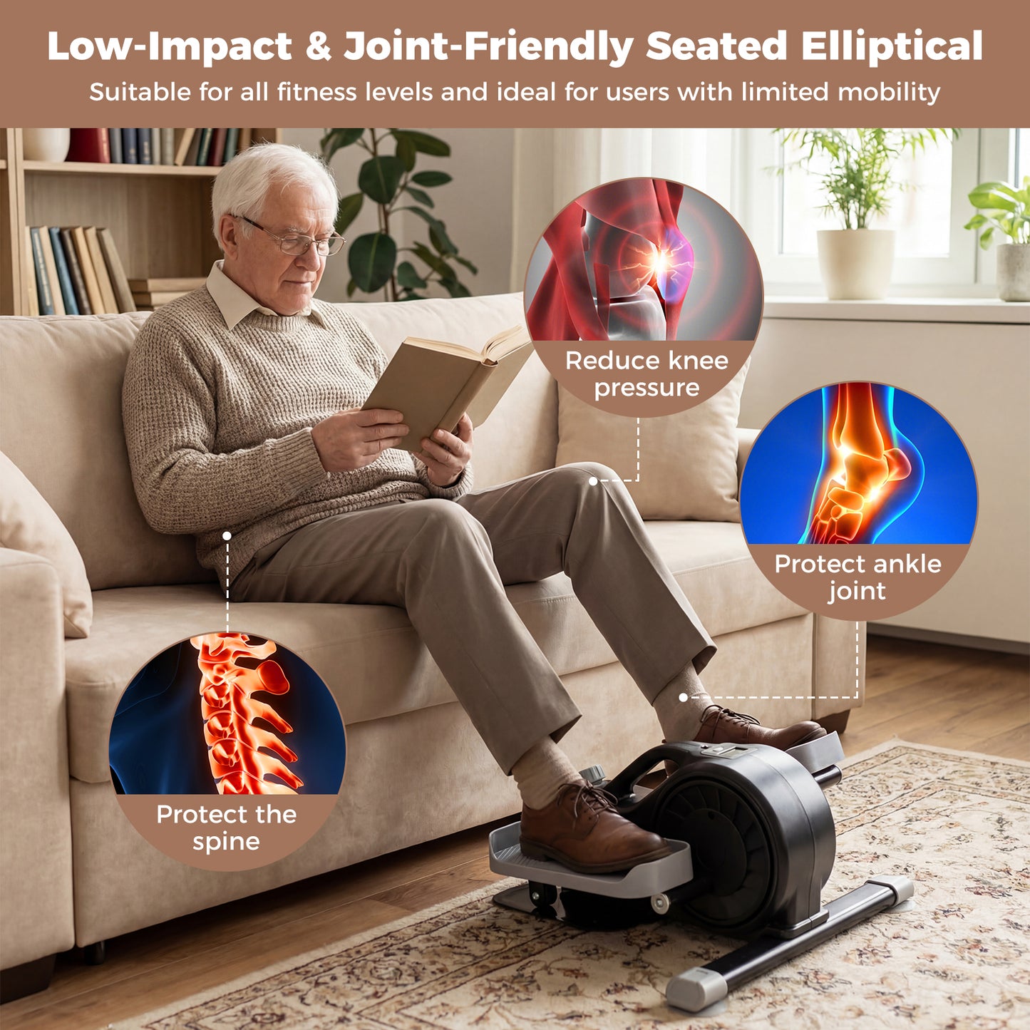 Under Desk Elliptical Pedal Exerciser with Forward and Reverse Direction for Home Office