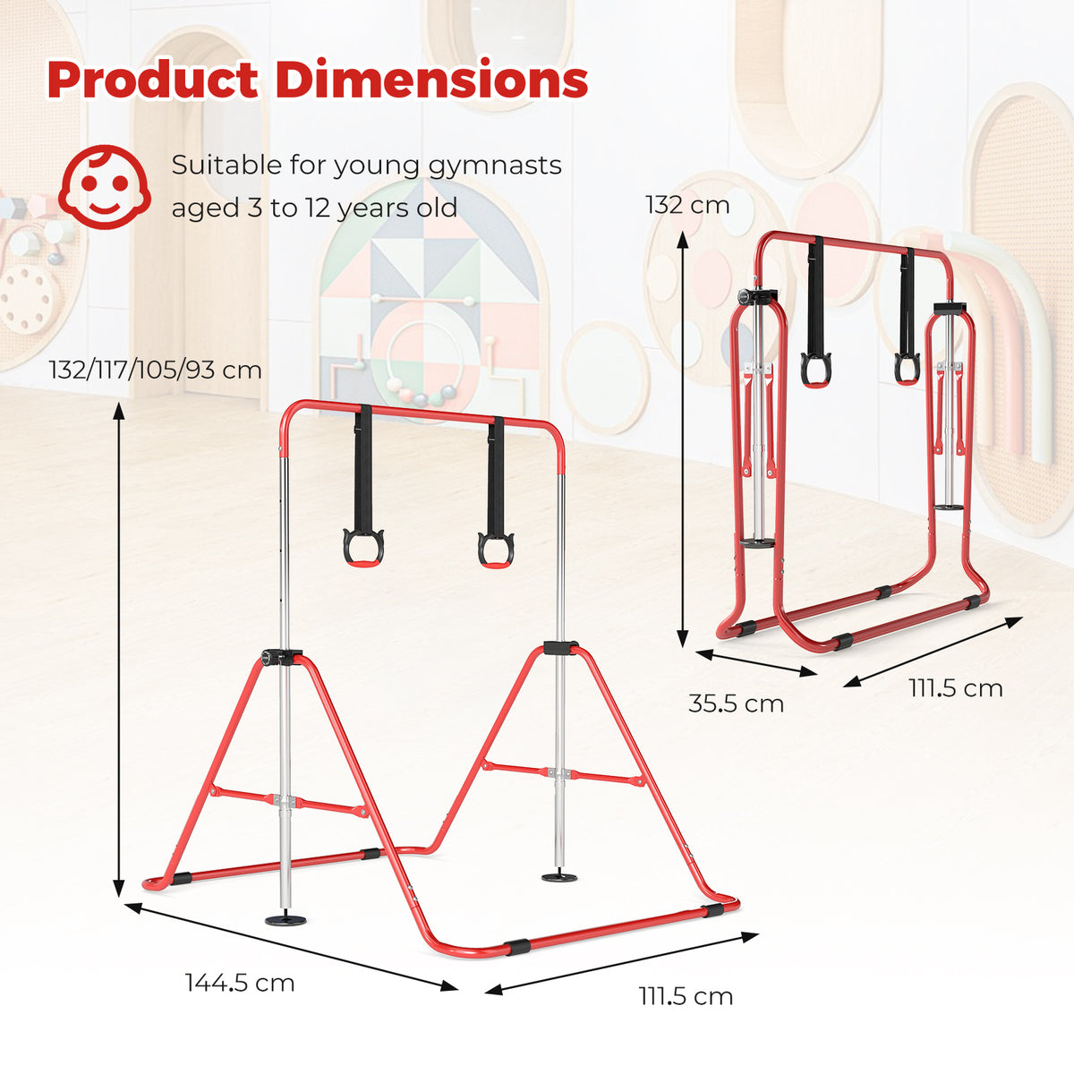 Expandable Gymnastic Bar for Kids, 4-Level Height Adjustable Gymnastic Horizontal Bar