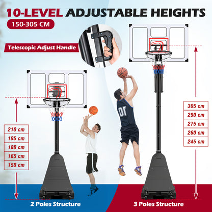 Portable Basketball Hoop Outdoor 150-305 cm 10 Levels Adjustable Basketball Goal System