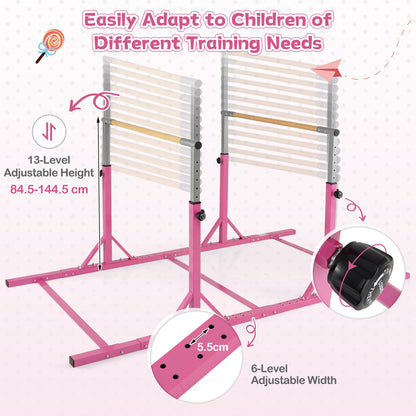 Double Horizontal Bars for Kids, 8 FT Junior Gymnastic Parallel Bars with 13-Level 33”-57” Adjustable Heights