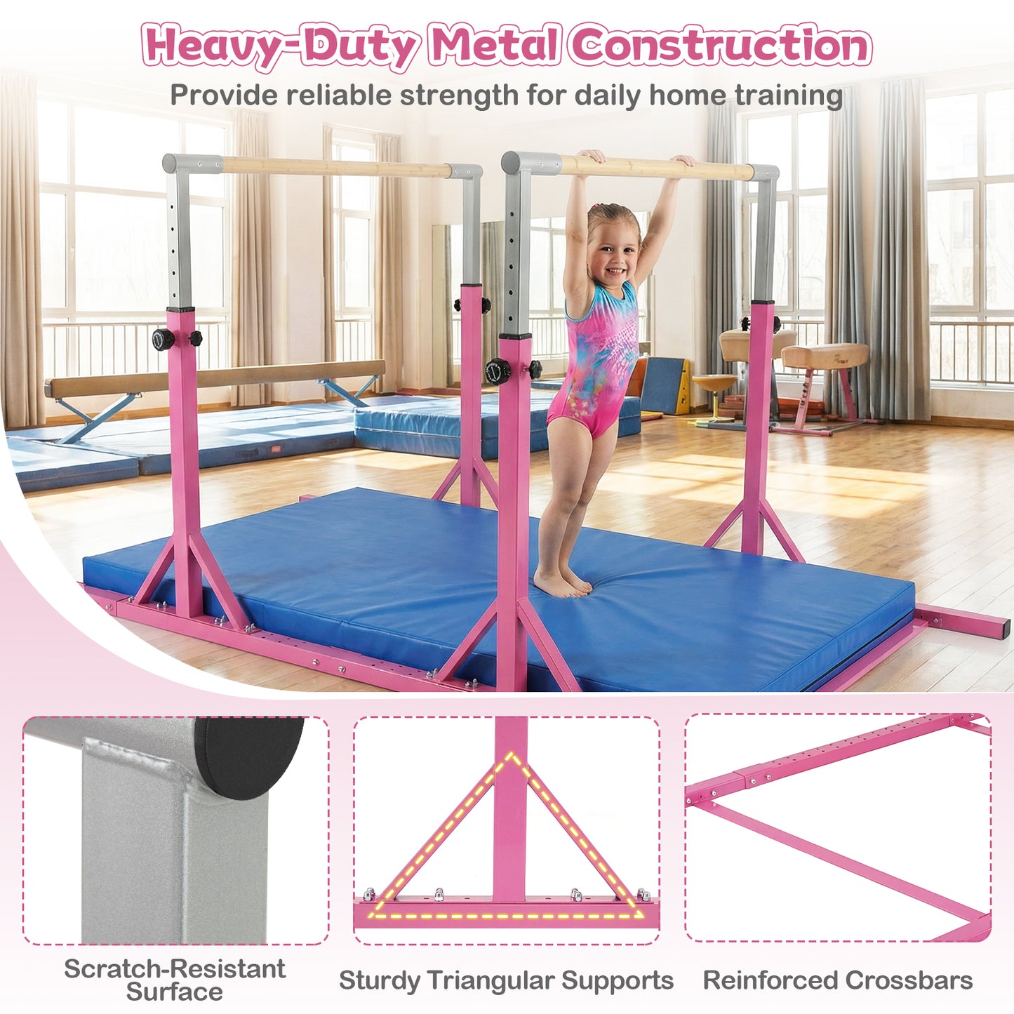 Double Horizontal Bars for Kids, 8 FT Junior Gymnastic Parallel Bars with 13-Level 33”-57” Adjustable Heights