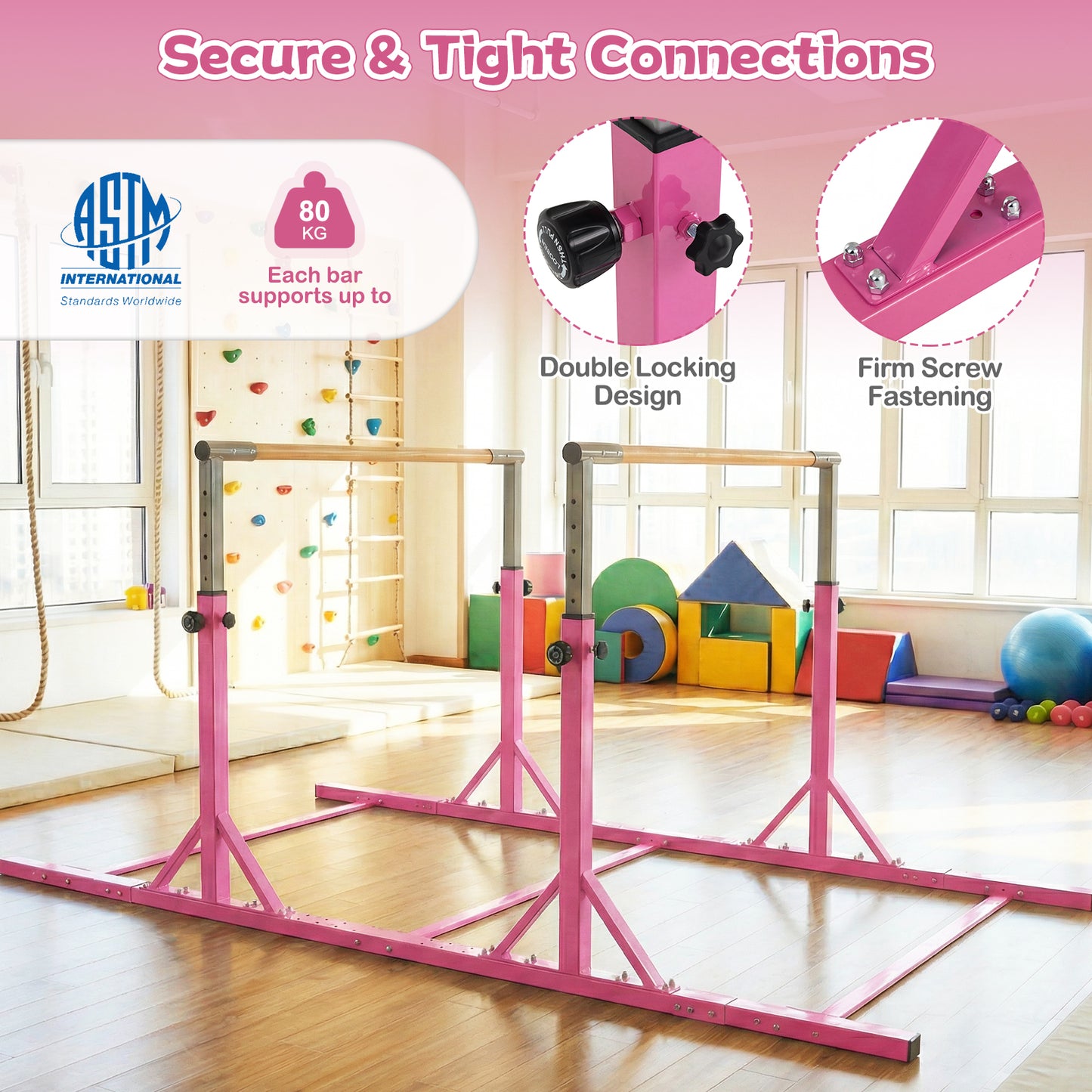Double Horizontal Bars for Kids, 8 FT Junior Gymnastic Parallel Bars with 13-Level 33”-57” Adjustable Heights