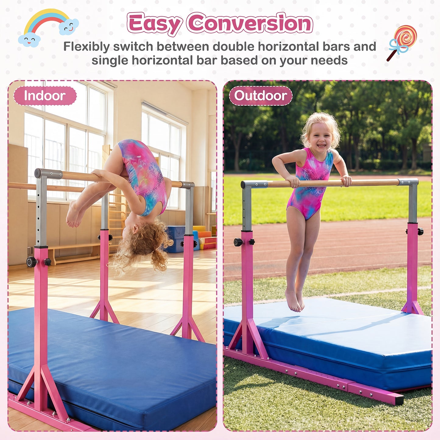 Double Horizontal Bars for Kids, 8 FT Junior Gymnastic Parallel Bars with 13-Level 33”-57” Adjustable Heights