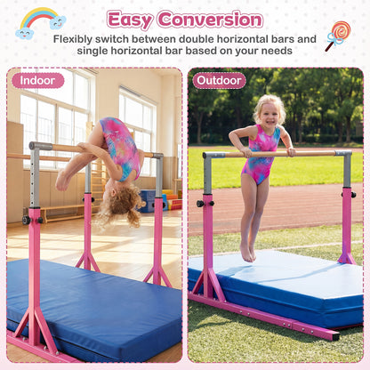 Double Horizontal Bars for Kids, 8 FT Junior Gymnastic Parallel Bars with 13-Level 33”-57” Adjustable Heights