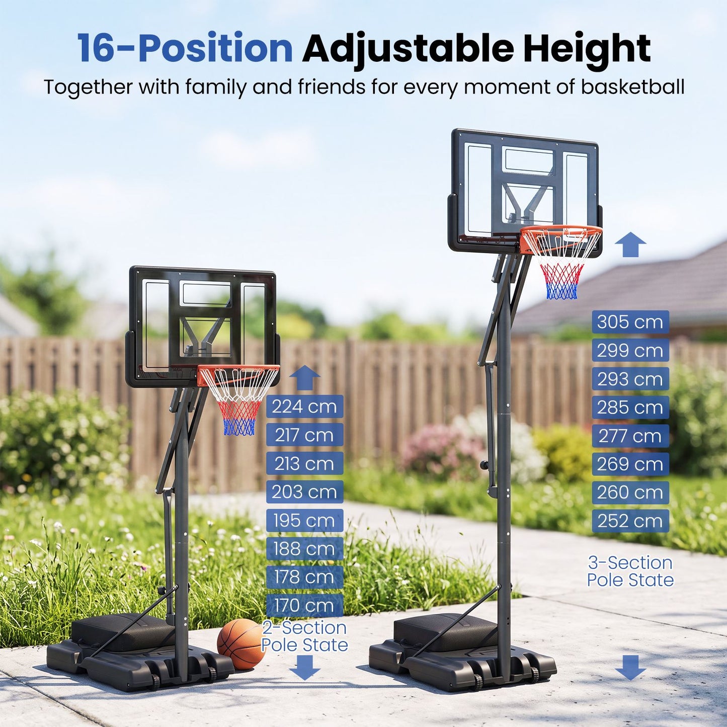 170-305 cm Outdoor Portable Basketball Hoop with Sandbag and 2 Nets