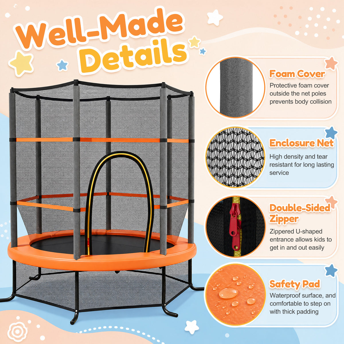 5.3FT Mini Kids Trampoline with 135kg Load Capacity & Enclosure Net