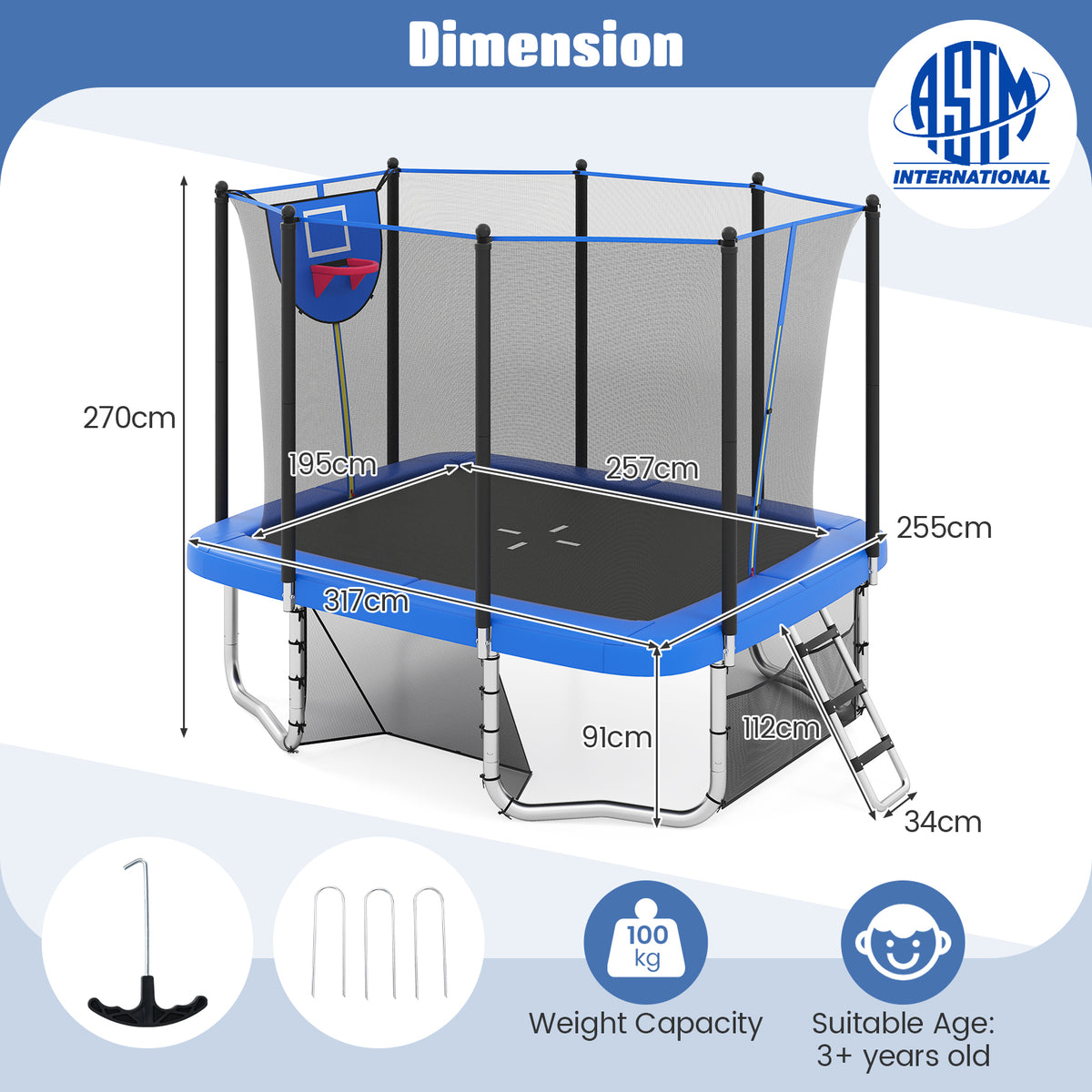 10 x 8 FT Heavy Duty Trampoline with Basketball Hoop