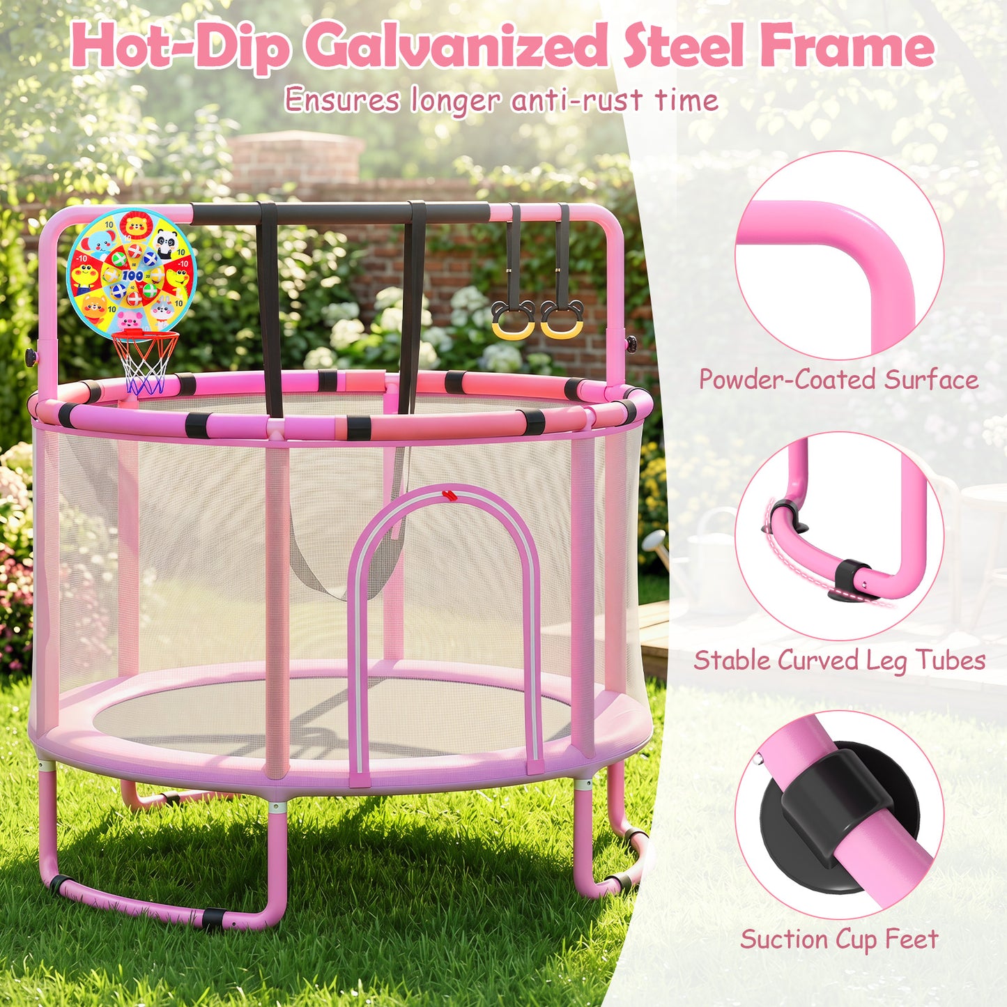 55/60" Trampoline for Kids with Enclosure, 6-in-1 Indoor Outdoor Toddler Trampoline with Adjustable Gymnastics Bar, Swing