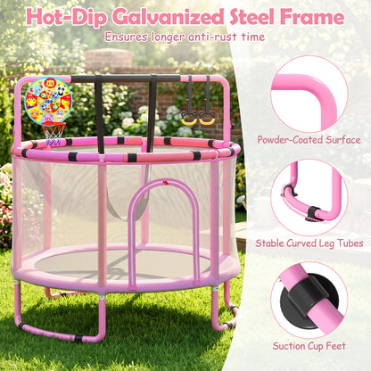 55/60" Trampoline for Kids with Enclosure, 6-in-1 Indoor Outdoor Toddler Trampoline with Adjustable Gymnastics Bar, Swing