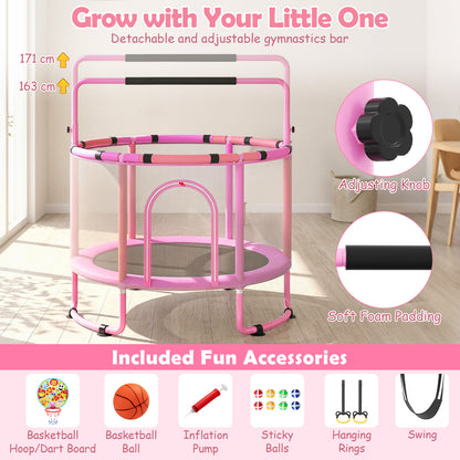 55/60" Trampoline for Kids with Enclosure, 6-in-1 Indoor Outdoor Toddler Trampoline with Adjustable Gymnastics Bar, Swing