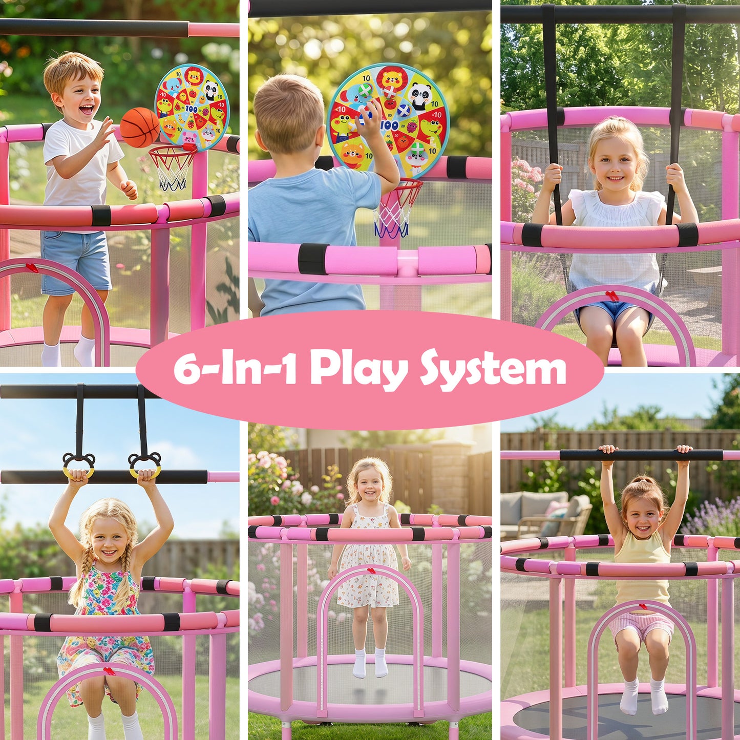55/60" Trampoline for Kids with Enclosure, 6-in-1 Indoor Outdoor Toddler Trampoline with Adjustable Gymnastics Bar, Swing