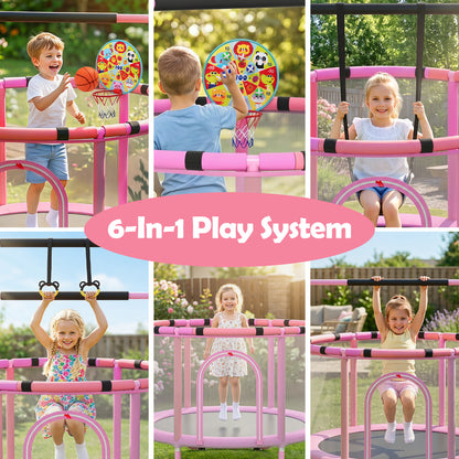 55/60" Trampoline for Kids with Enclosure, 6-in-1 Indoor Outdoor Toddler Trampoline with Adjustable Gymnastics Bar, Swing