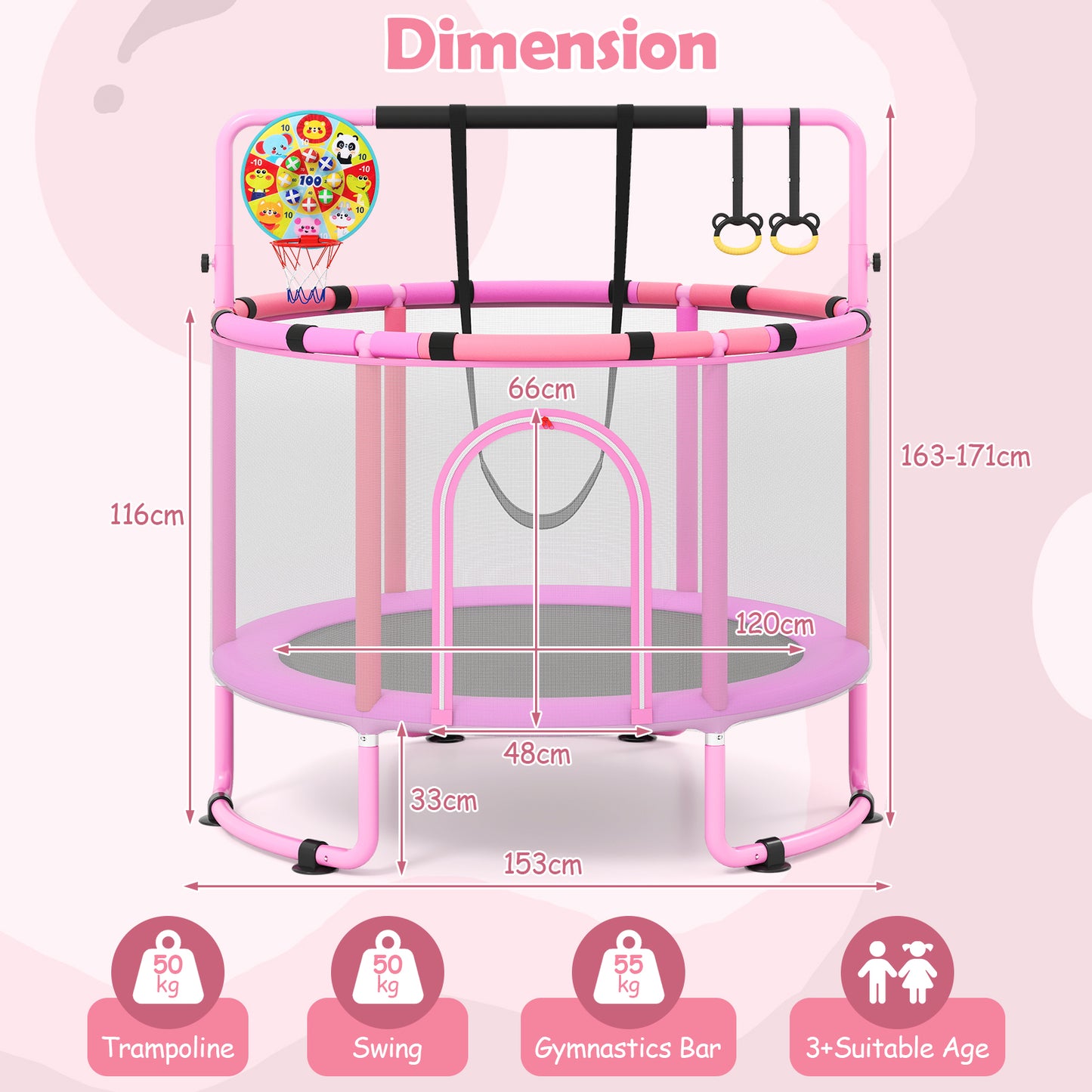 55/60" Trampoline for Kids with Enclosure, 6-in-1 Indoor Outdoor Toddler Trampoline with Adjustable Gymnastics Bar, Swing
