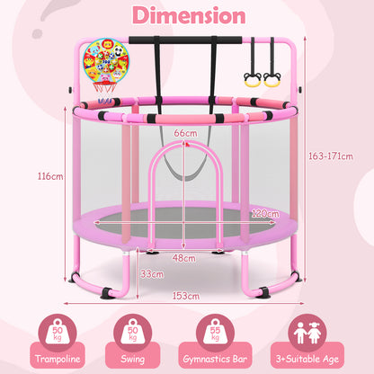 55/60" Trampoline for Kids with Enclosure, 6-in-1 Indoor Outdoor Toddler Trampoline with Adjustable Gymnastics Bar, Swing