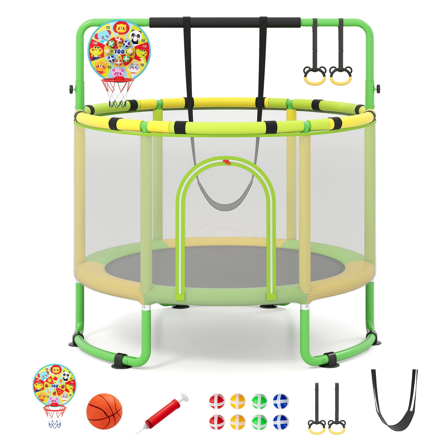55/60" Trampoline for Kids with Enclosure, 6-in-1 Indoor Outdoor Toddler Trampoline with Adjustable Gymnastics Bar, Swing