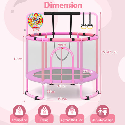 55/60" Trampoline for Kids with Enclosure, 6-in-1 Indoor Outdoor Toddler Trampoline with Adjustable Gymnastics Bar, Swing