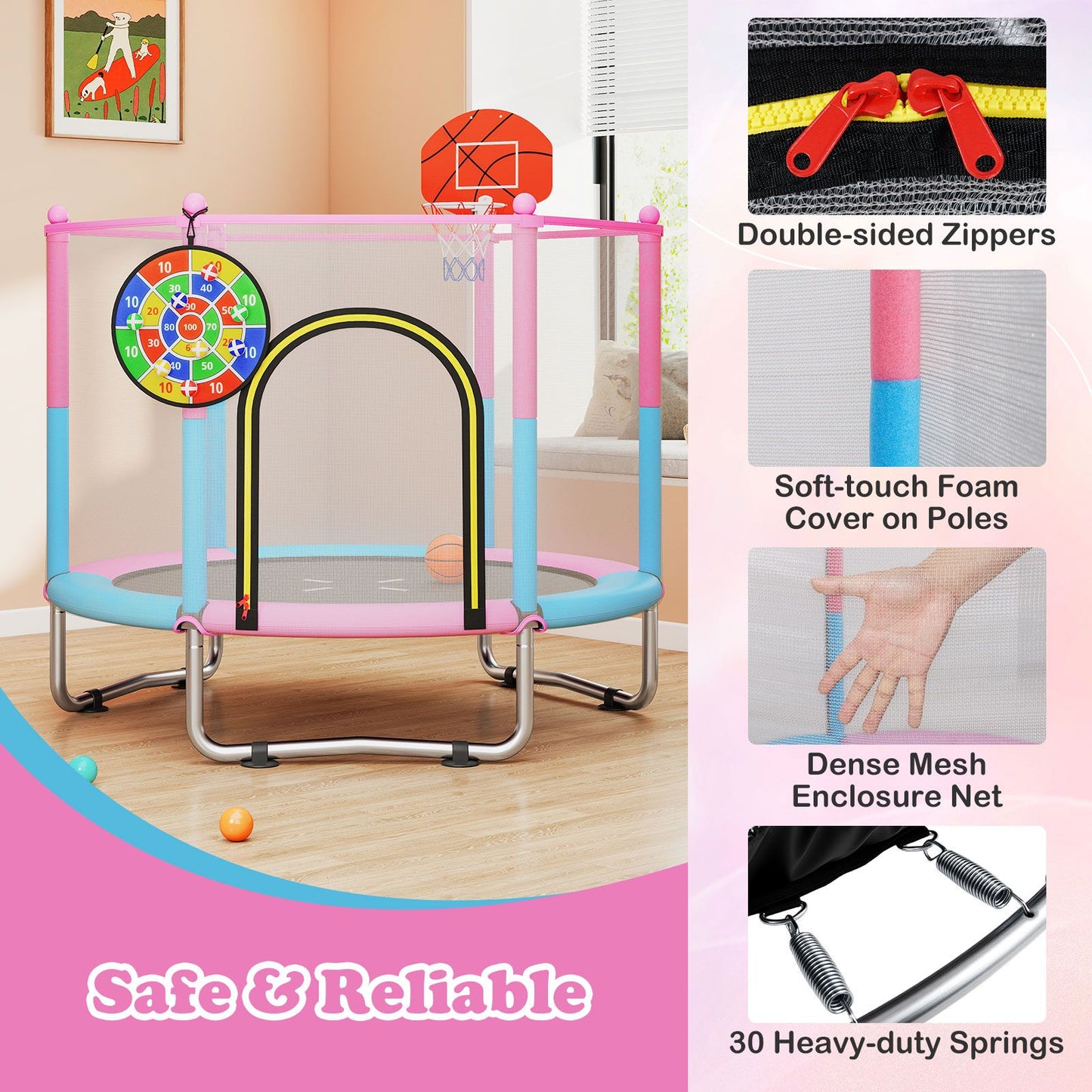 Toddler Trampoline with Basketball Hoop and No-gap Design for Kids