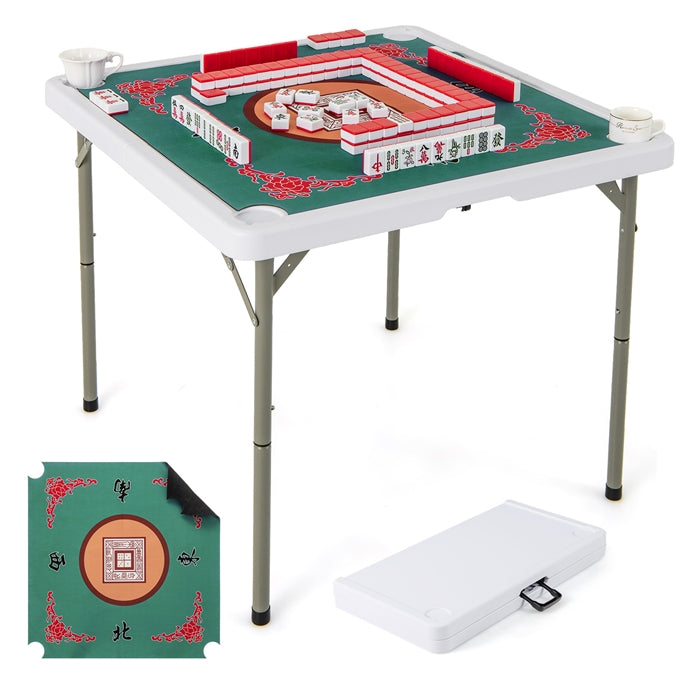 90cm Folding Mahjong Table Portable with Felt Mat and Cup Holders