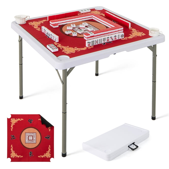 90cm Folding Mahjong Table Portable with Felt Mat and Cup Holders