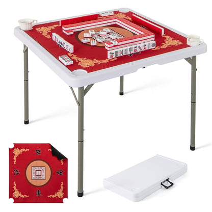 90cm Folding Mahjong Table Portable with Felt Mat and Cup Holders
