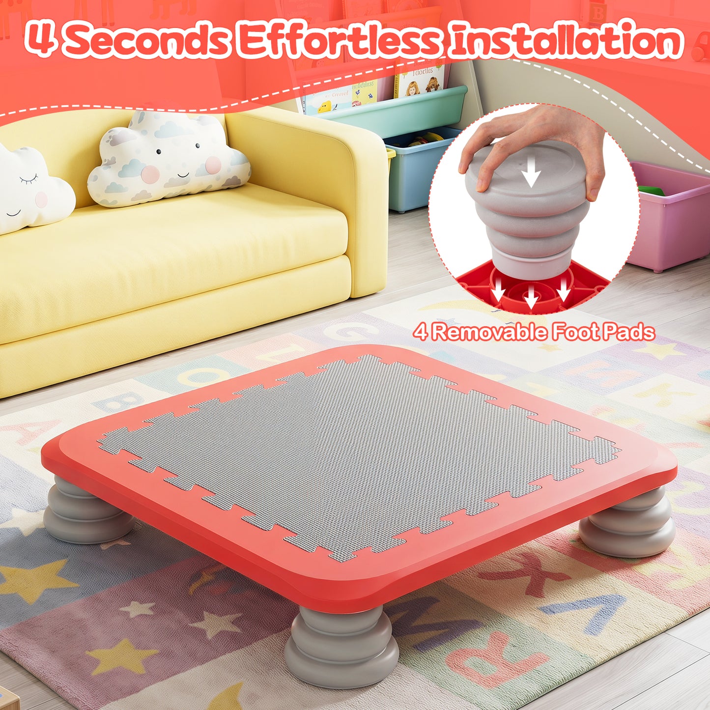 Mini Trampoline for Kids, 65 cm Trampoline Bouncing Board with 4 Removable & Non-Slip Foot Pads