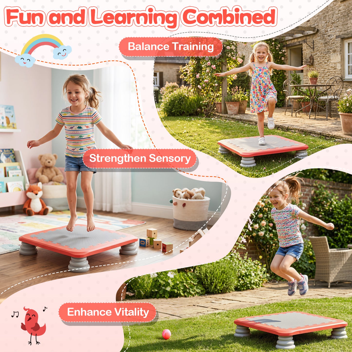 Mini Trampoline for Kids, 65 cm Trampoline Bouncing Board with 4 Removable & Non-Slip Foot Pads
