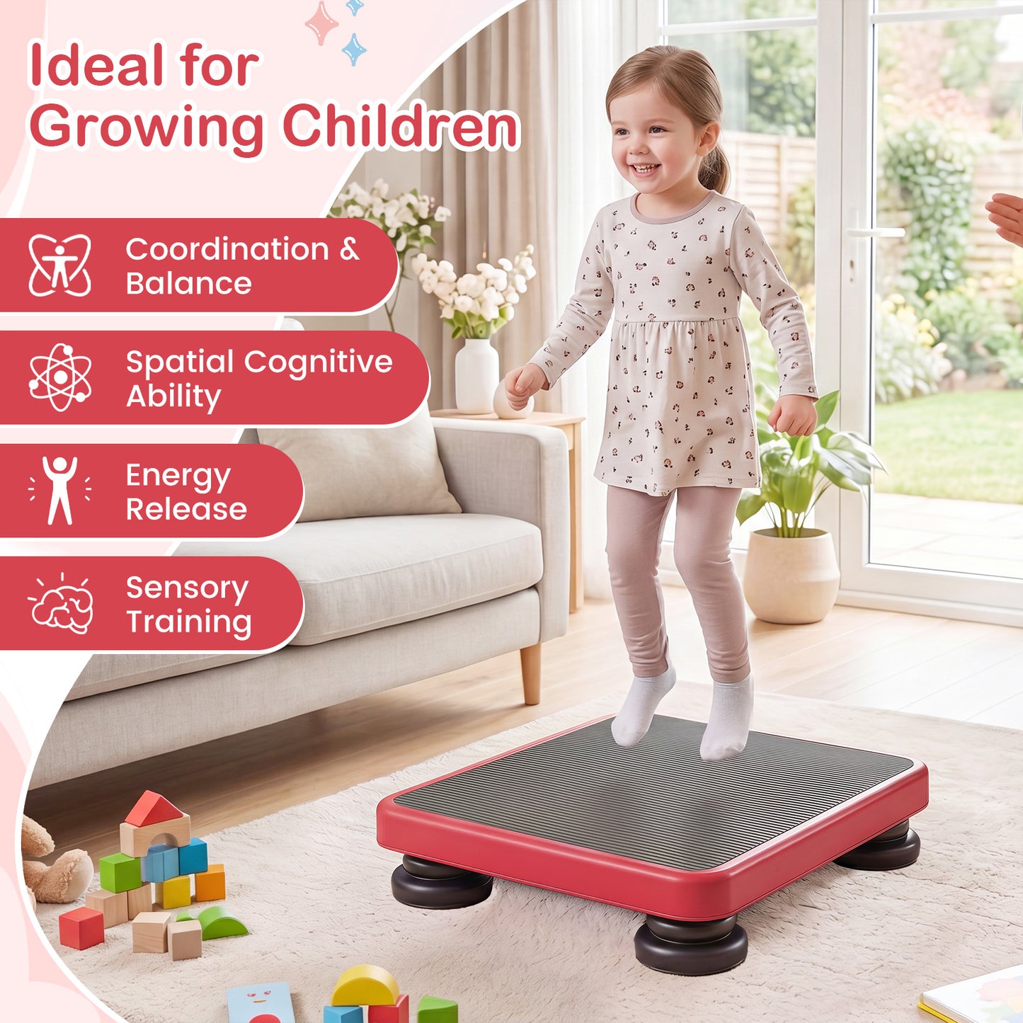 Kids Rebounder Bouncing Board, 60 x 50 cm Mini Trampoline with Elastic Rope, Sensory Bounce Board