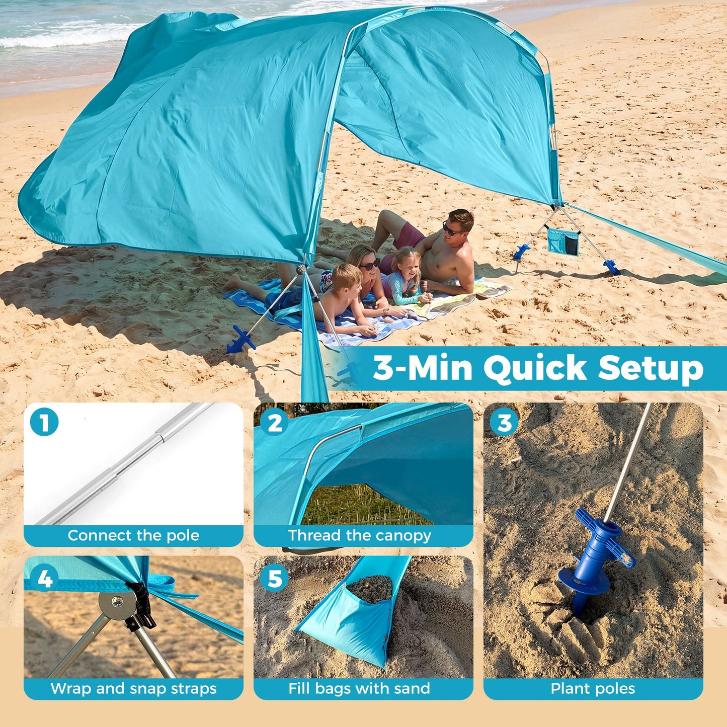 Wind Powered Beach Tent for 8 People with UPF50+ Protection for Beach