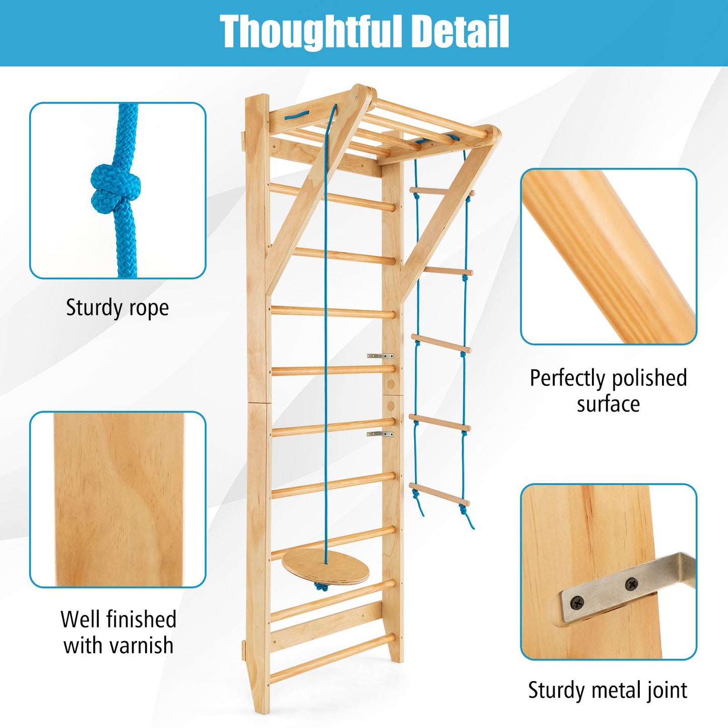 Wood Stall Bar with Swedish Wall Pull Up Bar Rope Ladder and Trapeze