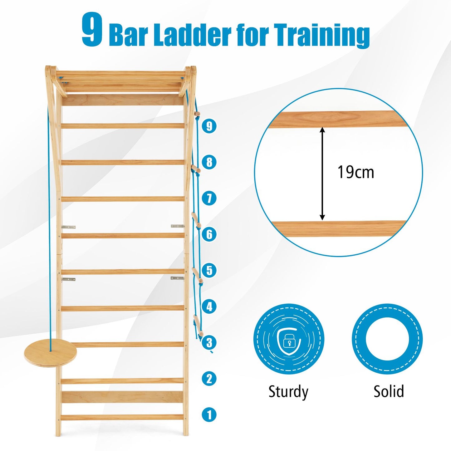 Wood Stall Bar with Swedish Wall Pull Up Bar Rope Ladder and Trapeze
