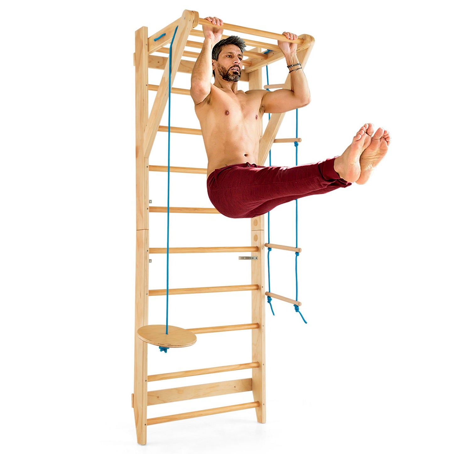 Wood Stall Bar with Swedish Wall Pull Up Bar Rope Ladder and Trapeze