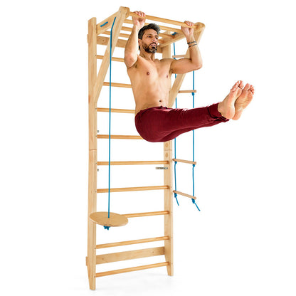 Wood Stall Bar with Swedish Wall Pull Up Bar Rope Ladder and Trapeze