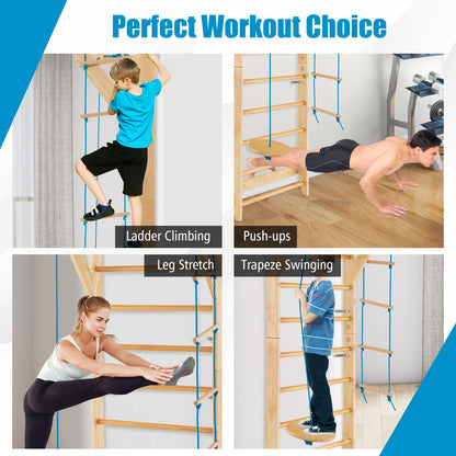 Wood Stall Bar with Swedish Wall Pull Up Bar Rope Ladder and Trapeze