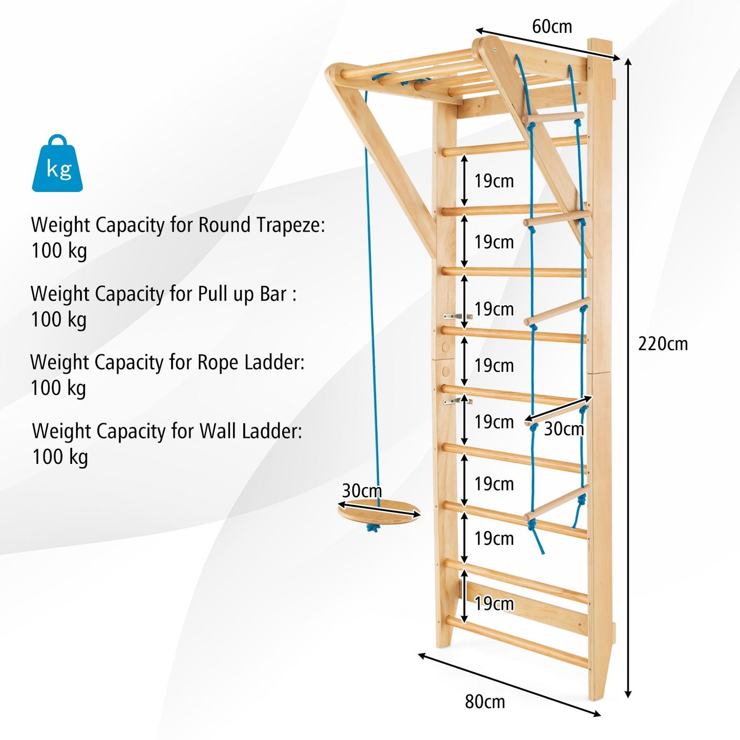 Wood Stall Bar with Swedish Wall Pull Up Bar Rope Ladder and Trapeze