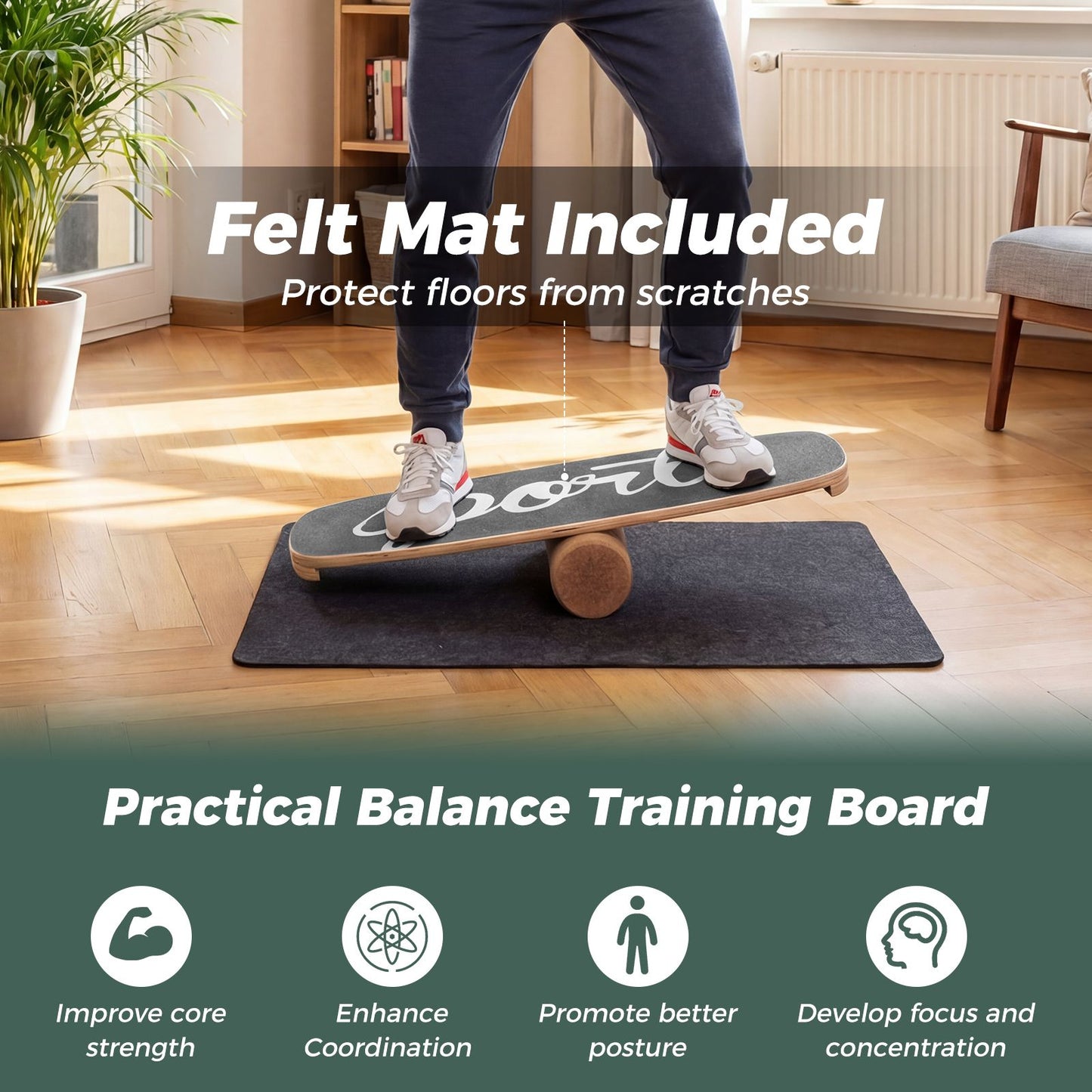 Wooden Balance Board Trainer with Cork Roller and Stoppers for Snowboard Training