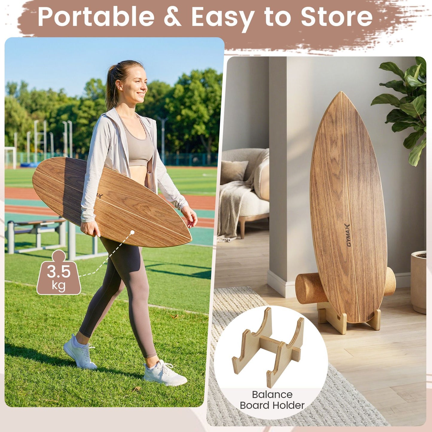 Wooden Balancing Board with Cork Roller and Storage Rack to Exercise and Build Core Strength