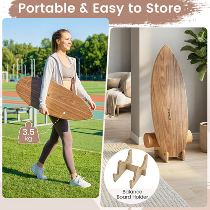 Wooden Balancing Board with Cork Roller and Storage Rack to Exercise and Build Core Strength