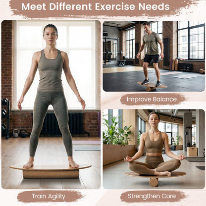 Wooden Balancing Board with Cork Roller and Storage Rack to Exercise and Build Core Strength