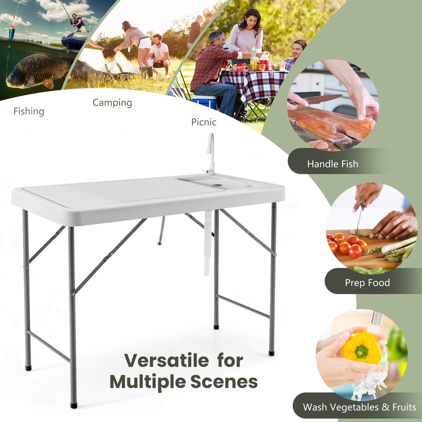 Folding Portable Fish Fillet Table Folding Camping Table w/Sink Faucet Outdoor Kitchen