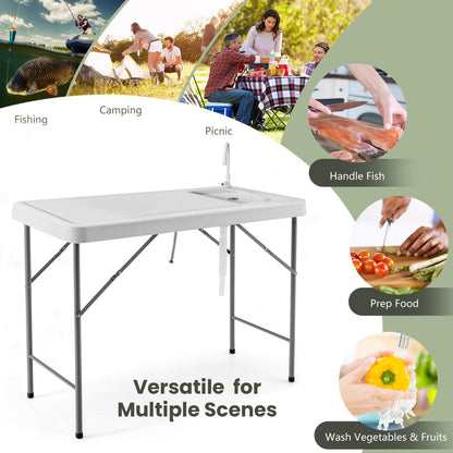 Folding Portable Fish Fillet Table Folding Camping Table w/Sink Faucet Outdoor Kitchen