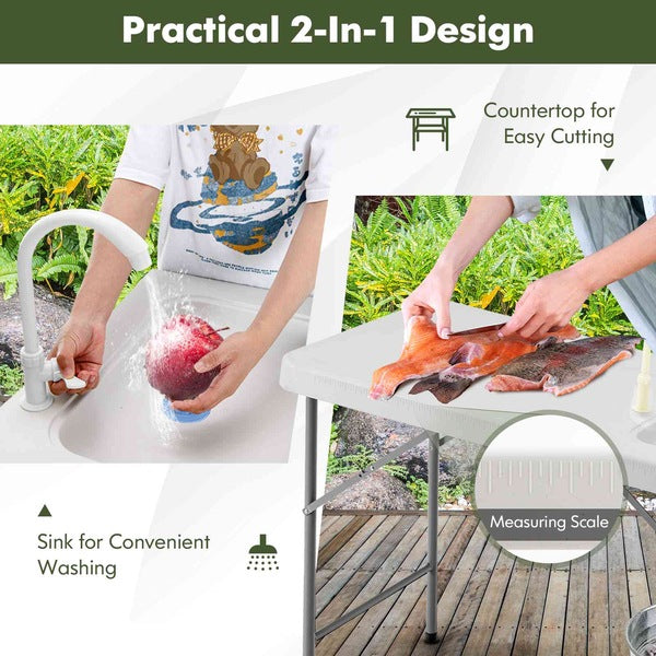 Folding Portable Fish Fillet Table Folding Camping Table w/Sink Faucet Outdoor Kitchen